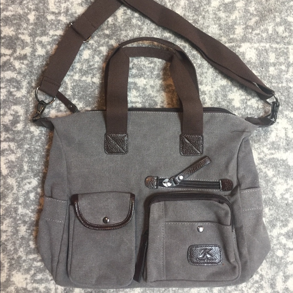 New! Gray / Brown Canvas Purse
